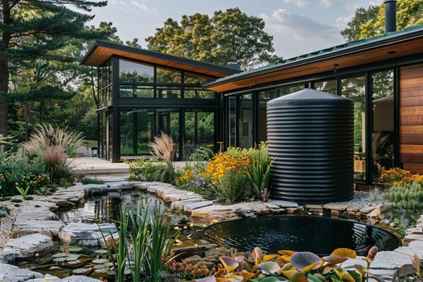 Alt text: Moderná nádrž na dažďovú vodu zachytáva dažďovú vodu v záhrade moderného rodinného domu.